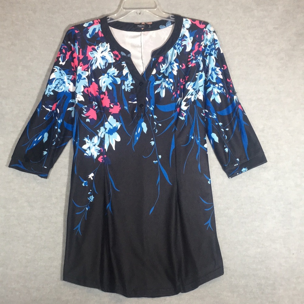 REBORN Abstract Floral Long Line Soft Comfy Brushed Poly Spandex Stretch Tunic